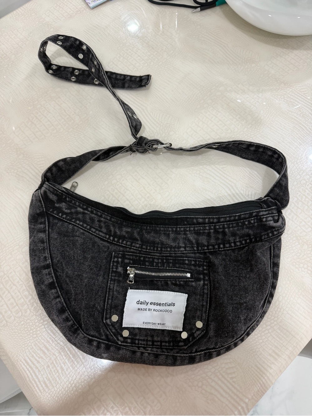 Daily Essentials Black Washed Denim Crossbody Bag